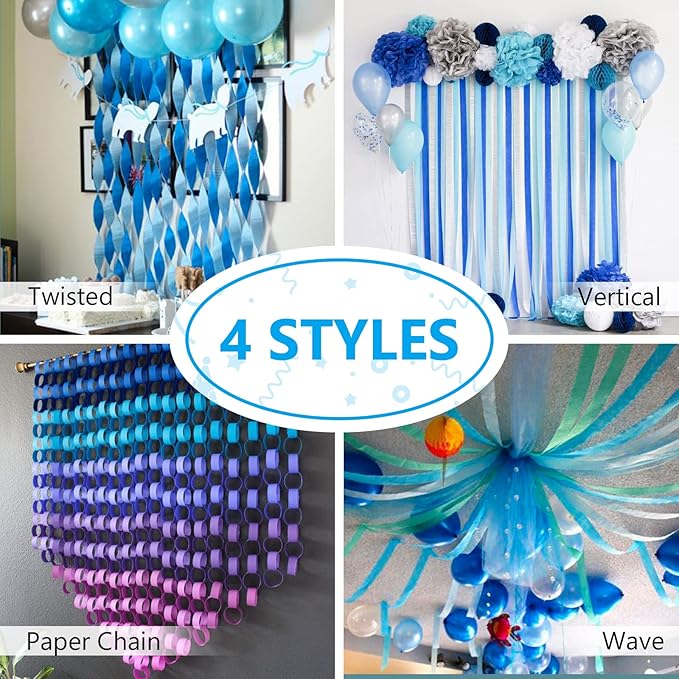 PartyWoo White and Blue Crepe Paper Streamers 4pcs 328ft Pack of Light Blue - Image 6