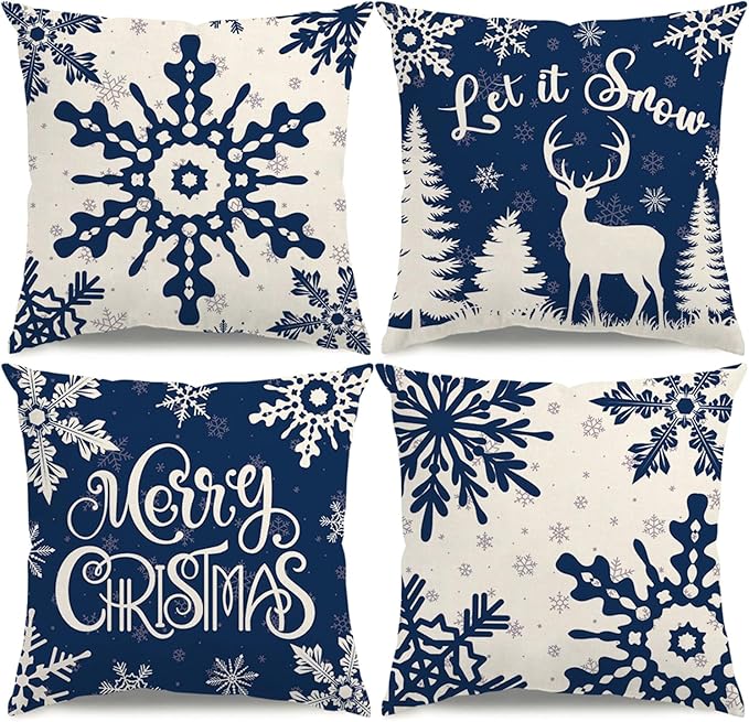 Christmas Pillow Covers 18x18 Blue Christmas Decorations Snowflake Reindeer by KISVODS