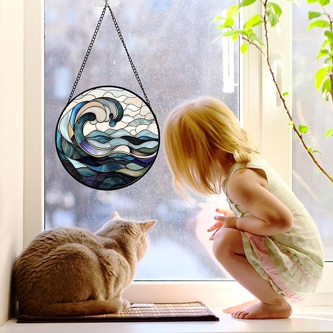 Stained Glass Window Hanging, Ocean Waves Sun Catchers Diamond Glass Panel - Image 2