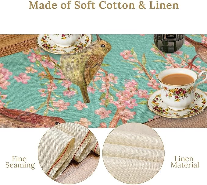 Table Runner with Flowers and Birds, Spring Plant Flowers Table Decoration - Image 7