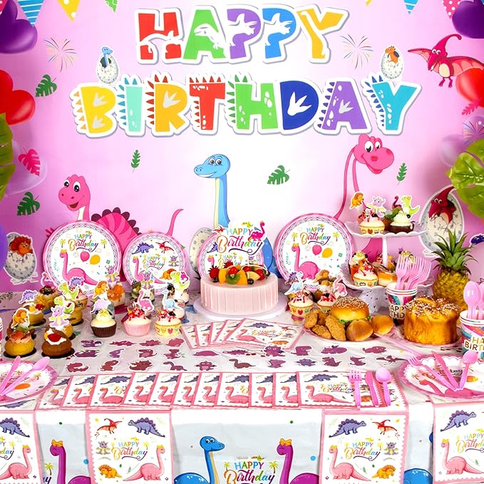 194 PCS Pink Dinosaur Party Decorations - Image 8