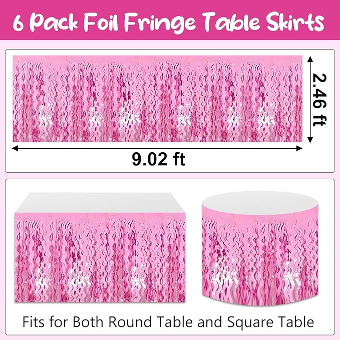6 Pack 29 x108 Inch Pink Wave Foil Fringe Table Skirts Metallic Banner - Image 2