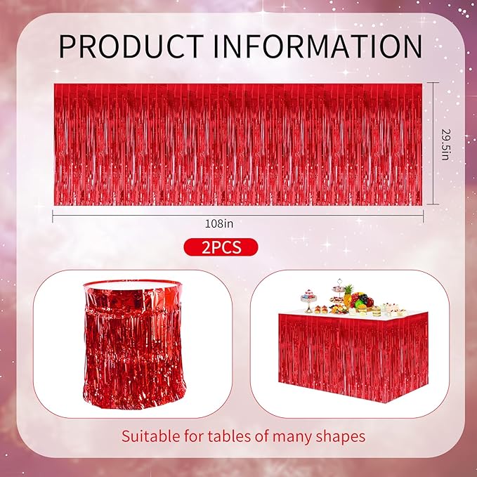 BEISHIDA 2 Pack Red Table Skirts Party Decorations Metallic Tinsel Foil Fringe - Image 2