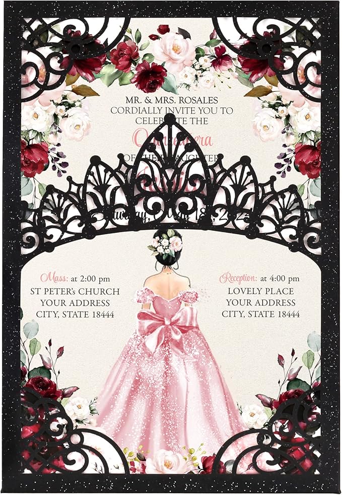 50Pcs Pink Crown Invitations for Quinceanera, 15 year, Sweet 16, Miss XV by DreamBuilt