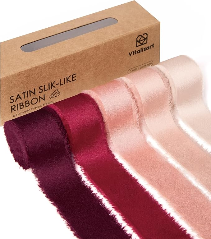 Vitalizart Silk Like Satin Ribbon 1 inch x 25 Yard Red & Pink Handmade Frayed by Vitalizart