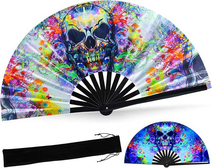 SYNTECSO Folding Hand Fan for Rave, UV Glow Fan, Large Bamboo Fan for Drag Queen by SYNTECSO