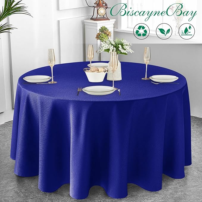 Biscaynebay Textured Fabric Round Tablecloths 90", Royal Blue Water Resistant - Image 7