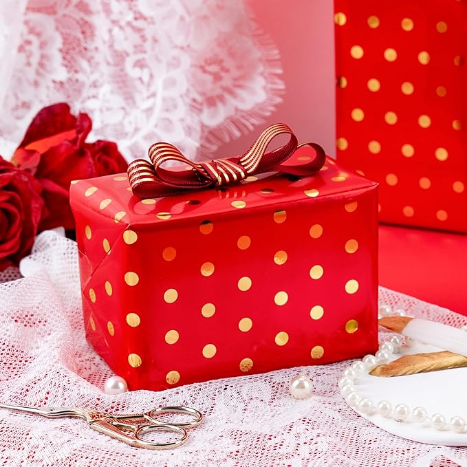 Flyhill Gold Foil Polka Dot Wrapping Paper Roll, Mini Roll Red Reversibl Gift - Image 7