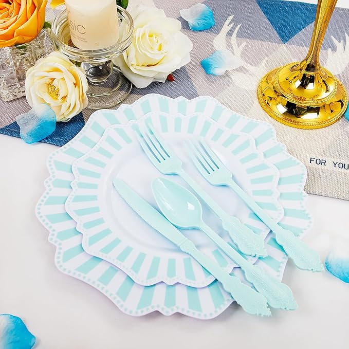 COLOSUS 150pcs Disposable Blue and White Striped Easter Plastic Party Plates - Image 8
