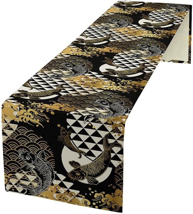 Japanese Table Runner Oriental Tradition Kio Fish Gold Art Printed Burlap by YSWOW