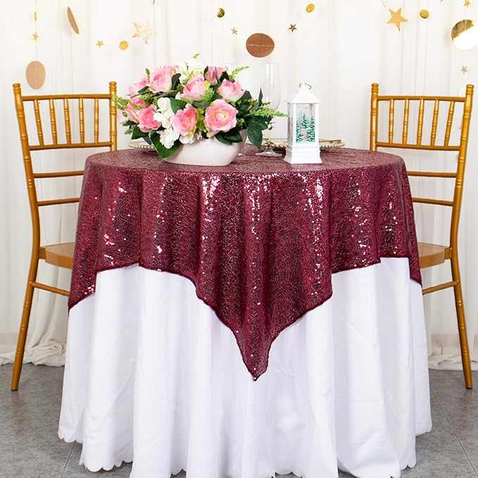 ShinyBeauty Sequin Tablecloth Burgundy Sequin Table Overlay Glitter Table Cover by ShinyBeauty