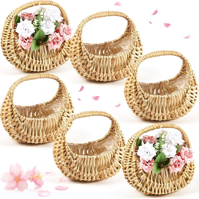 Taiyin 6 Pack Rattan Flower Girl Basket Small Half Moon Straw Wicker Basket by Taiyin