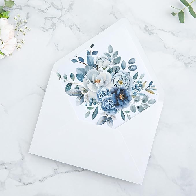PONATIA 50PCS A7 Euro Flap White Envelope, 5.25 x 7.25'' Dusty Blue Flowers - Image 9