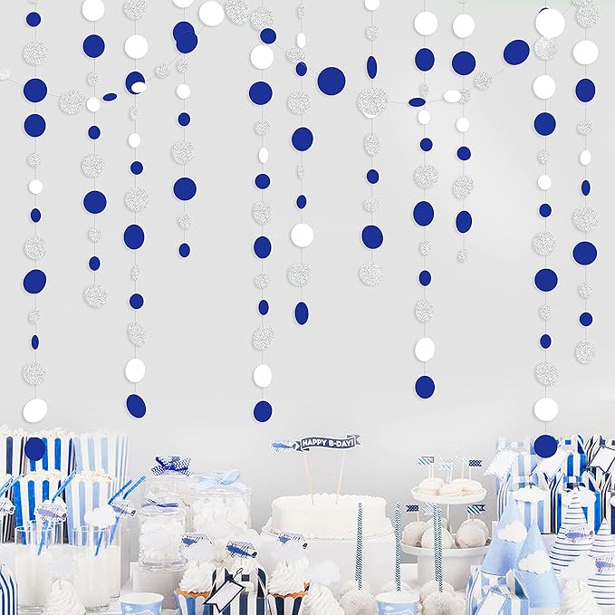 46 Feet Navy Blue White and Silver Circle Dots Garland Royal Blue Hanging Paper by pinkblume