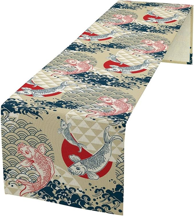 Japanese Table Runner Oriental Tradition Kio Fish Art Printed Burlap Runner by YSWOW