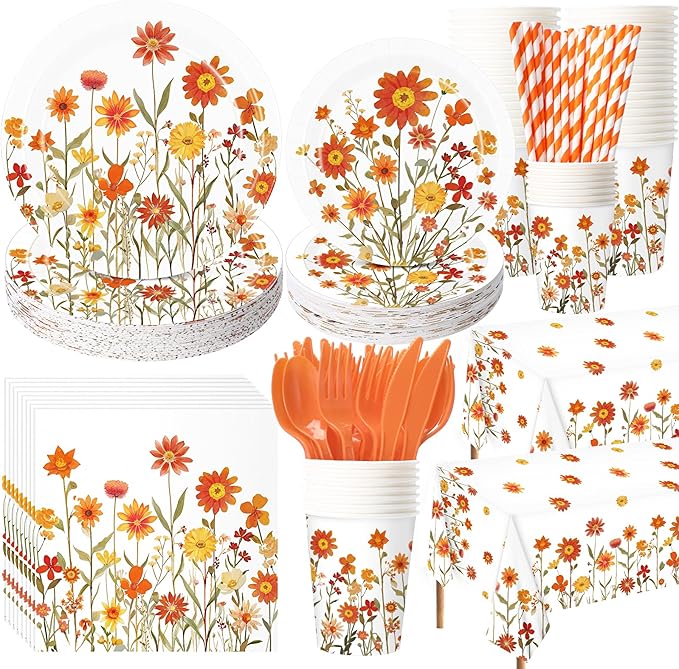 452 Pcs Fall Floral Party Supplies Orange Wildflower Tableware Set, Fall Floral by Potchen