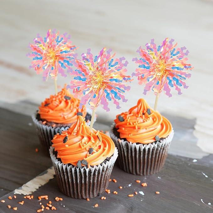 Ephlyn 30Pcs Foil Firework Cupcake Toppers Happy Birthday Cake Toppers Tinsel - Image 5