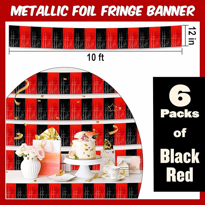 6 Pack 10 Ft Black and Red Foil Fringe Garland Metallic Streamers Tinsel Banner - Image 2