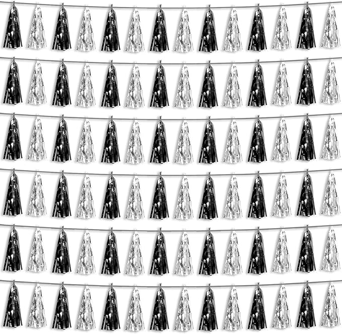 6P Black Silver Foil Fringe Metallic Tassel Streamers Banner Tassel Garland by HYSILLA