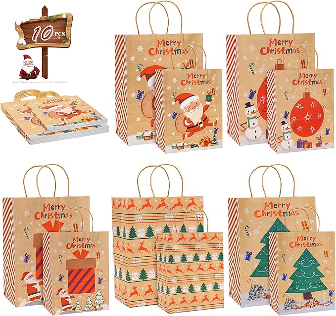 LYLIN 10Pcs Kraft Christmas Gift Bags, Christmas Tote Bags by LYLIN