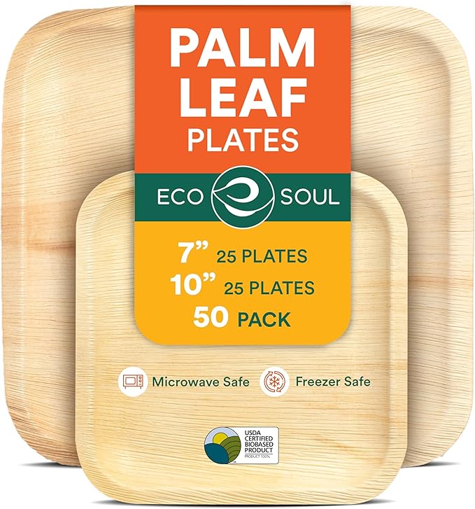ECO SOUL Compostable 7 & 10 Inch Palm Leaf Square Plates Like Bamboo Plates | by ECOSOUL