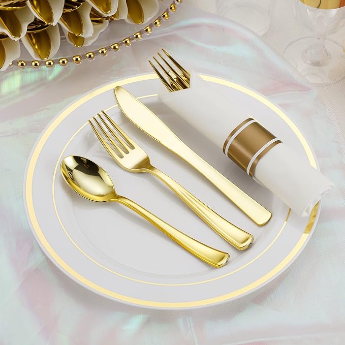 50 Pack Pre Rolled Gold Plastic Silverware Set - Image 6