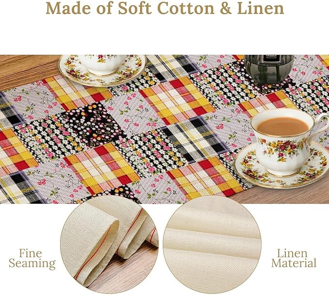 Patchwork Table Runner, Boho Vintage Floral Checkered Plaid Bohemian Paisley - Image 5