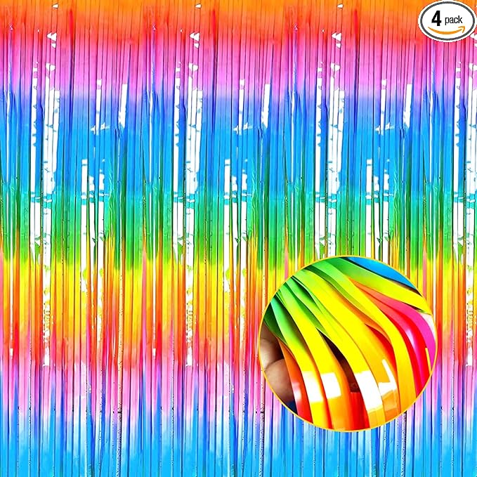 4 Pack Macaron Dark Rainbow Foil Fringe Curtain Backdrop, 3.28Ft x 8.2Ft by Unknown