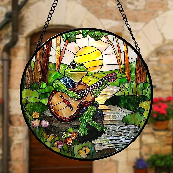 Stained Glass Window Hanging, Frog Playing Guitar Suncatcher Diamond Glass - Image 5