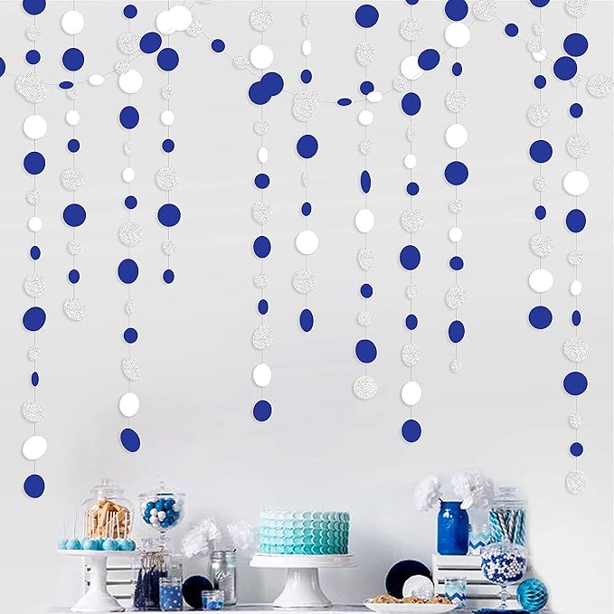 46 Feet Navy Blue White and Silver Circle Dots Garland Royal Blue Hanging Paper - Image 4