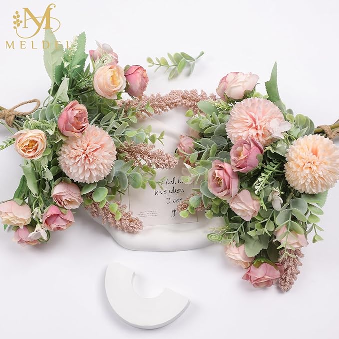 Meldel 3Pcs Rose Bouquet Pink Artificial Flowers Eucalyptus Plants Fake Silk - Image 2