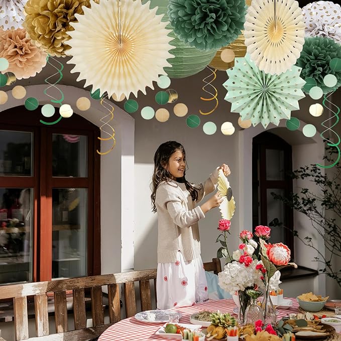 23PCS Sage Green Party Decoration, Pom Poms Flowers, Hanging Party Garland - Image 5