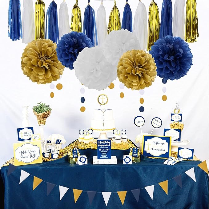 Navy Blue White Gold Party Decoration 23pcs Kits-Paper Flowers, Banner Flags - Image 7