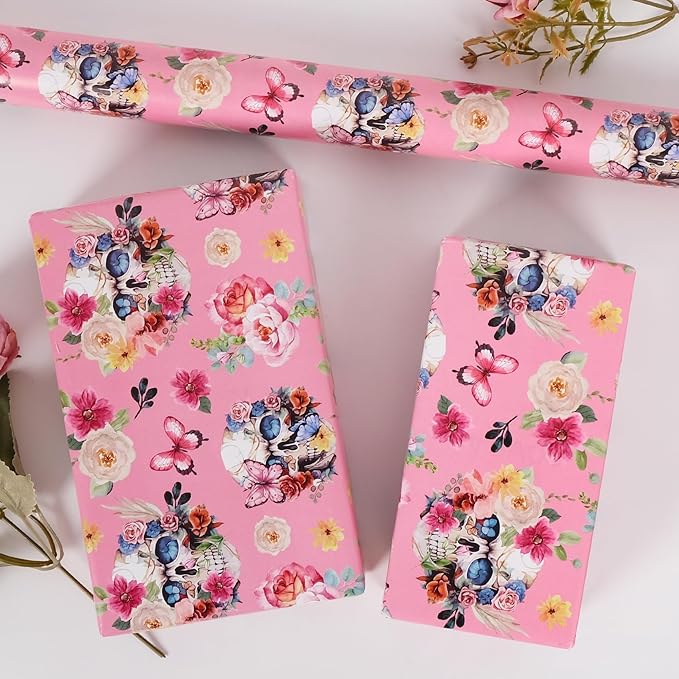 Aimyoo Gothic Wrapping Paper Roll, 17 Inch X 16.5 Feet Skull Floral Butterfly - Image 6