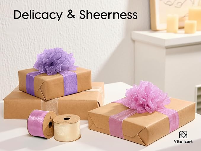 Vitalizart Organza Ribbon 1.5" x 30 Yd Lavender Purple & Cream White Sheer - Image 4