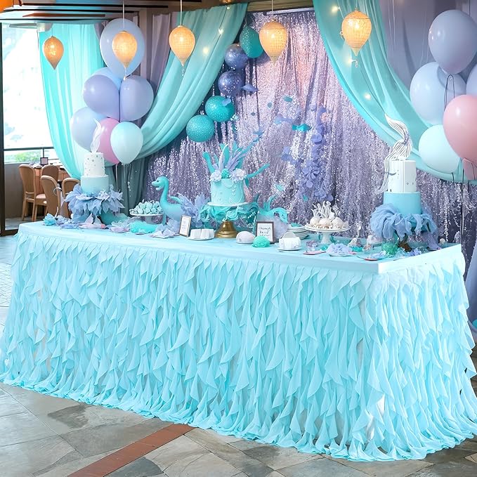 PARTISKY Aqua Blue Tulle Curly Willow Table Skirt - Image 3