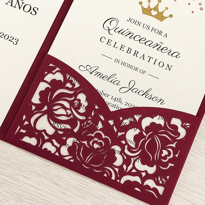 DORIS HOME 50pcs Laser Cut Quinceanera Invitations Burgundy, 4.7x7.1 - Image 6