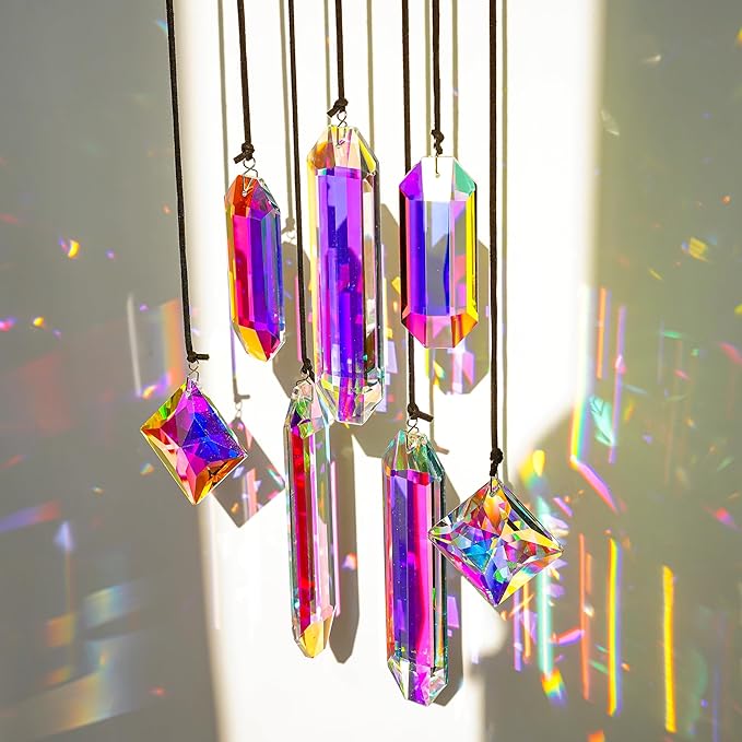 HDCRYSTALGIFTS Set 7 Crystal Sun Catcher Prisms, AB Colored Suncatcher Crystals by HDCRYSTALGIFTS