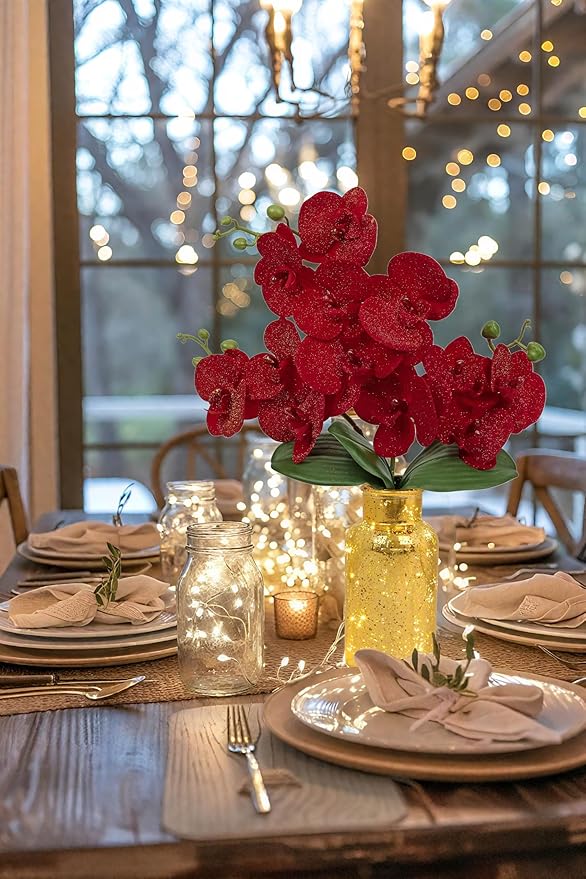 Red Orchids Artificial Flowers Faux Orchid Arrangement - Image 5