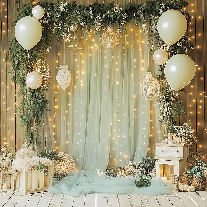 Tulle Backdrop Curtain with Lights String 10FT X 10FT Sage Green Sheer Tulle - Image 6