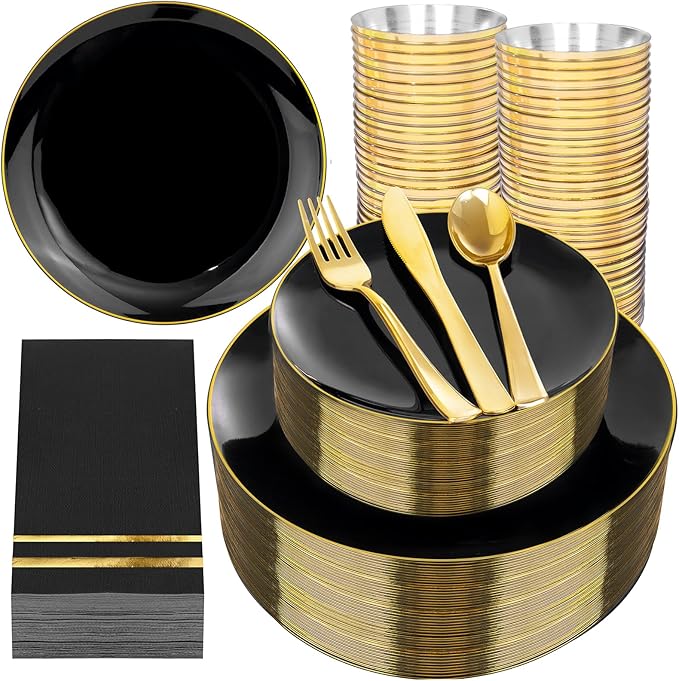 NOCCUR 350PCS Black and Gold Plastic Plates by NOCCUR