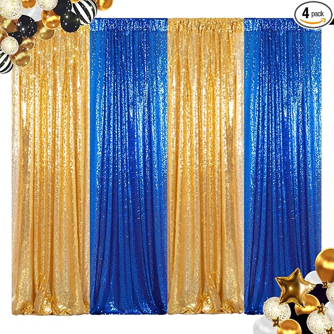 ShinyBeauty Blue and Gold Sequin Sparkle Photo Backdrop 2x8FT by ShinyBeauty