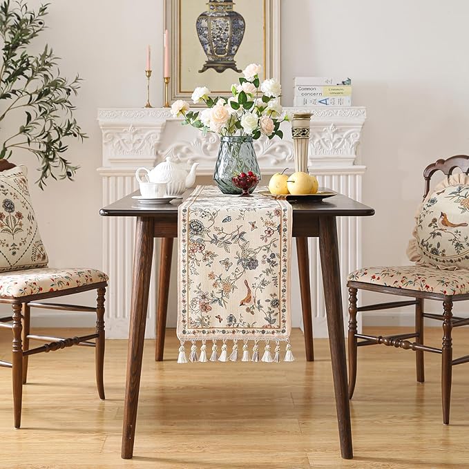 ISAENNE Designer Linen Table Runner 71 Inches Long, Elegant Floral Bird Pattern - Image 3