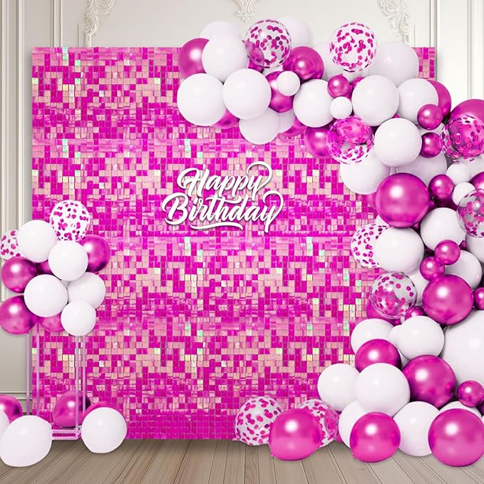 24PCS Colorful Pink Shimmer Wall Backdrop, Square Sequin Photo Backdrops Panel by ZEBMOON