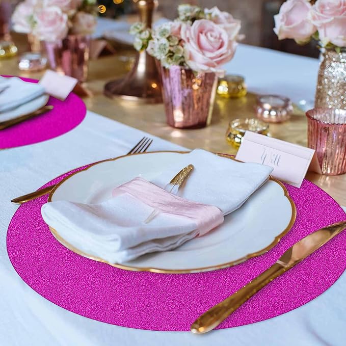 50 Pieces Hot Pink Glitter Paper Place Mats Sparkle 14'' Round Disposable Table - Image 5