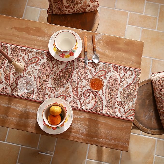 ISAENNE Designer Elegant Red Linen Table Runner 87 Inches Long, Vintage Paisley - Image 7