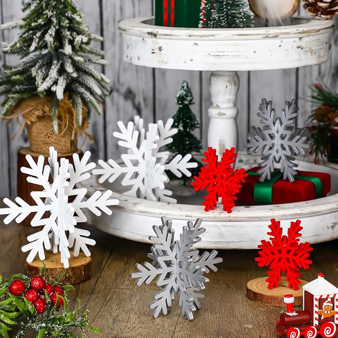 Qunclay 20 Pcs Wooden Snowflake Decorations 3D Snowflake Tabletop Decor - Image 4