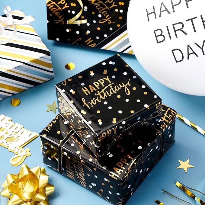 LeZakaa Reversible Black Birthday Wrapping Paper Roll - Image 2