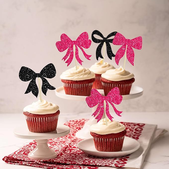 Gyufise 36Pcs Bow Cupcake Toppers Glitter Bowknot Cupcake Picks Bow Tie - Image 6