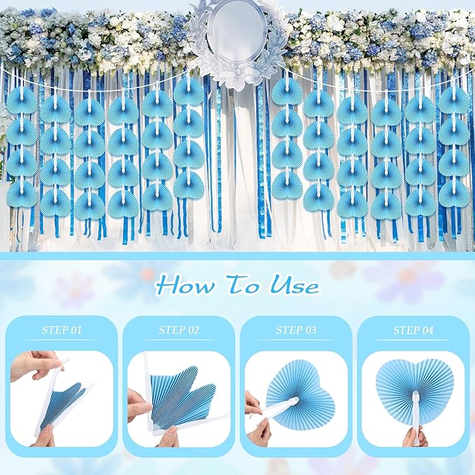 Unittype 150 Packs Wedding Paper Fans Heart Shaped Folding Handheld Fans - Image 3